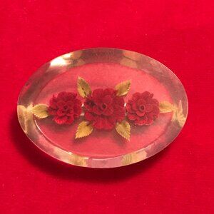 Vintage Oval Reverse Carved Lucite Red Rose Brooch Pin